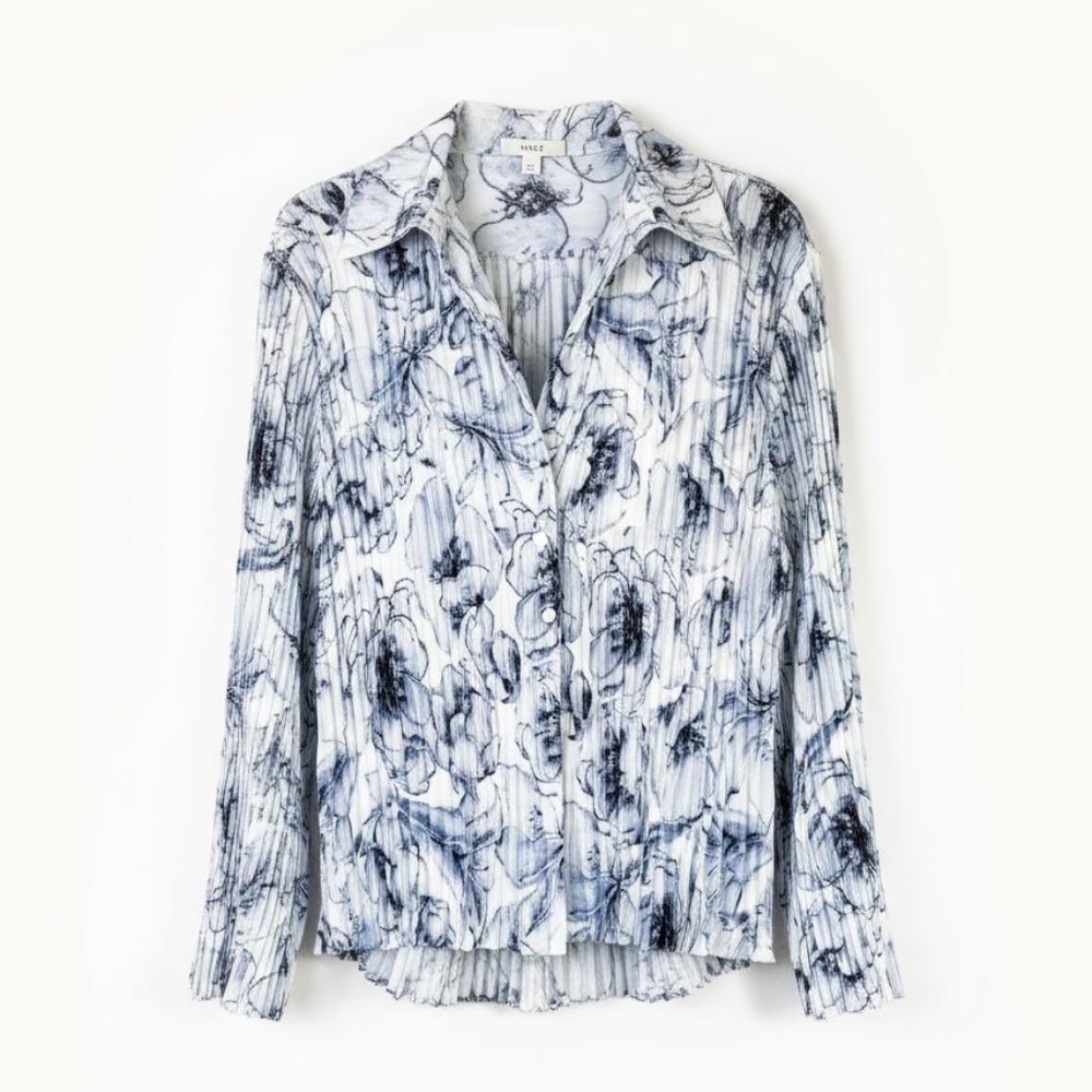 NWT Vince Washed Lily Floral Pleated Blouse White / Blue $395 - Size XL